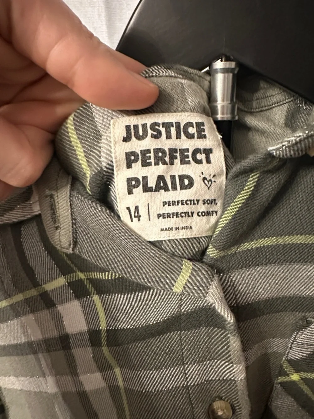 Justice Olive Green Metallic Threading Plaid Shit, Sz 14